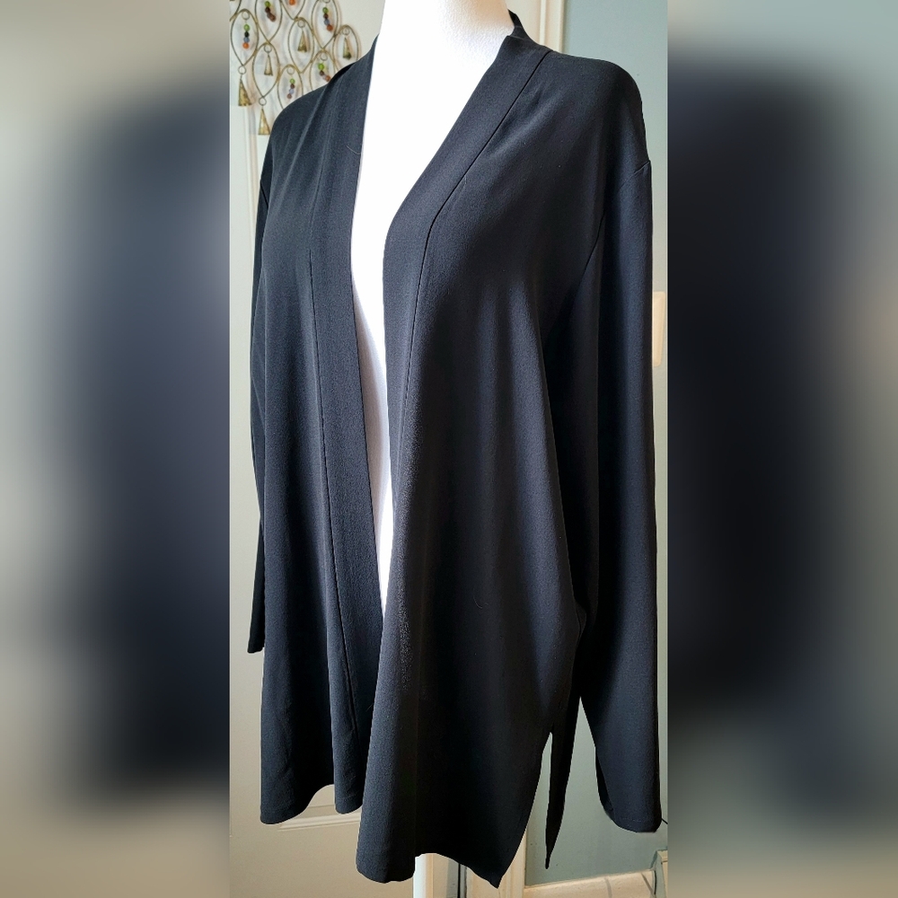 Eileen Fisher Sheer 100% Silk Georgette High Collar Jacket Women's M Black Sheer